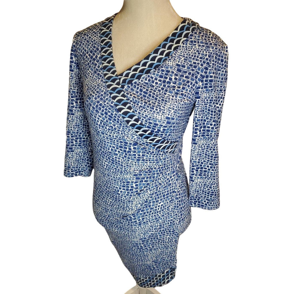 J McLaughlin Womens XS V Neck Faux Wrap Catalina Cloth Dress 3/4 Sleeve